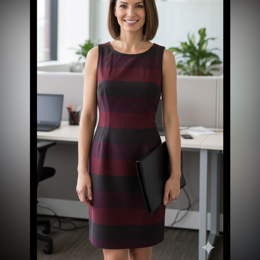 Mark New York  Andrew Marc Laureen Sheath Dress Striped Burgundy Academic Goth